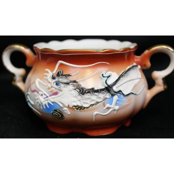5 Pc Orange Moriage Dragonware Tea Set Teapot Sugar Bowl Creamer Pitcher Japan - Picture 3 of 11